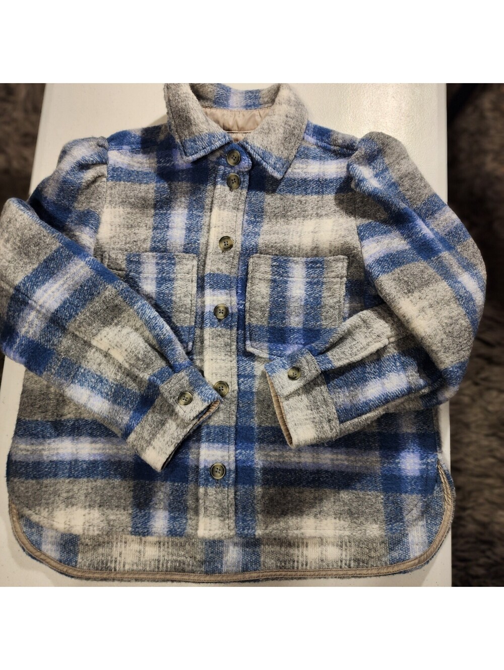 Unisex Kids Blue Gray White Plaid Button-Up Long Sleeve Jacket